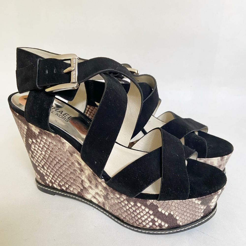 Michael Kors Black Suede Celia Wedge/Platform Sandals Snake Print Heel Size 7